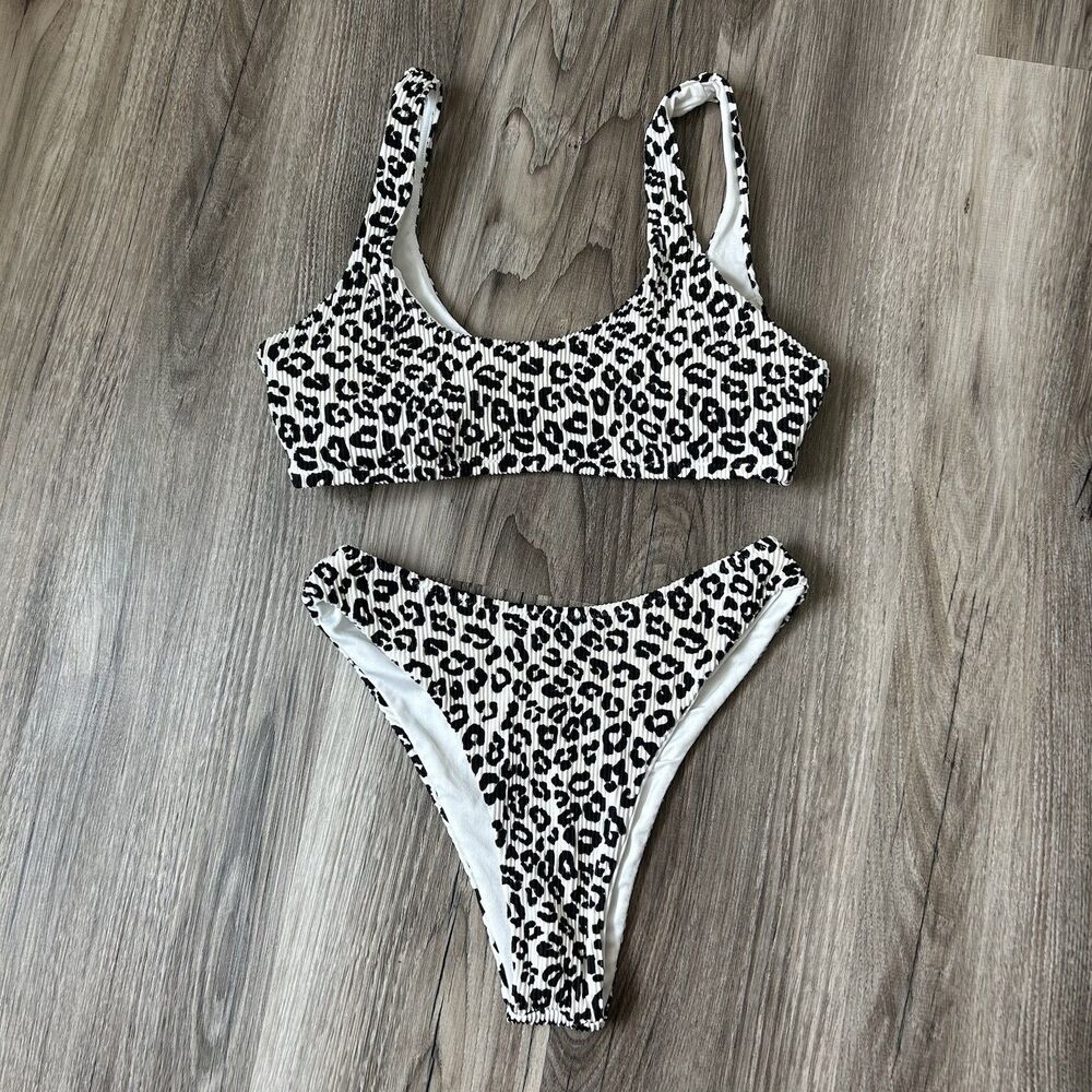 BuffBunny Women’s Chasing Waterfalls Ribbed Leopard Bikini Set Top XXS Bottom XS